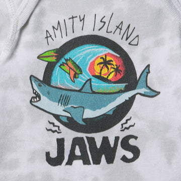 Shirt with 'Amity Island Jaws' graphic design featuring a shark and beach scene.